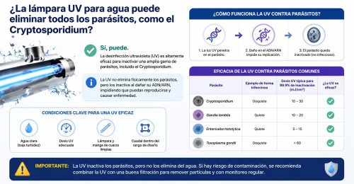 La desinfeccion ultravioleta (UV) es altamenteeficaz para inactivar una amplia gama deparasitos, incluido el Cryptosporidium.